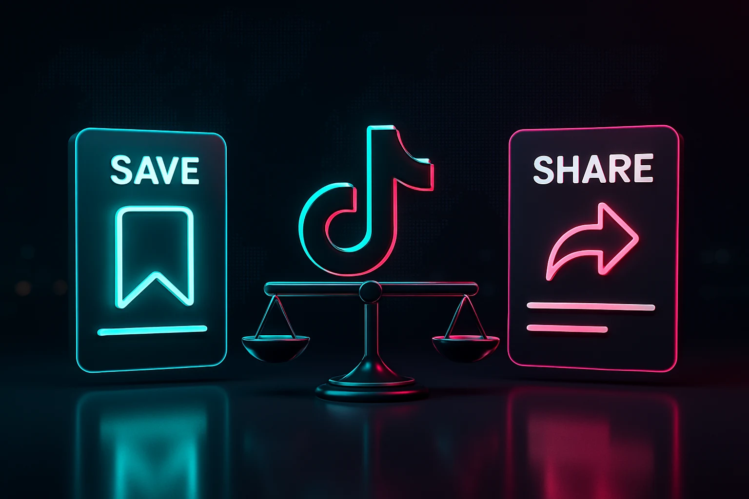 Balance scale comparing a save bookmark icon against a share arrow icon