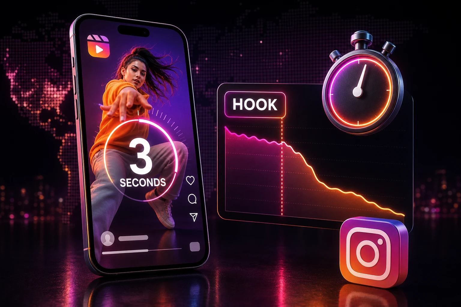 Phone screen with a 3 second countdown and retention graph illustrating the Instagram Reels hook rule