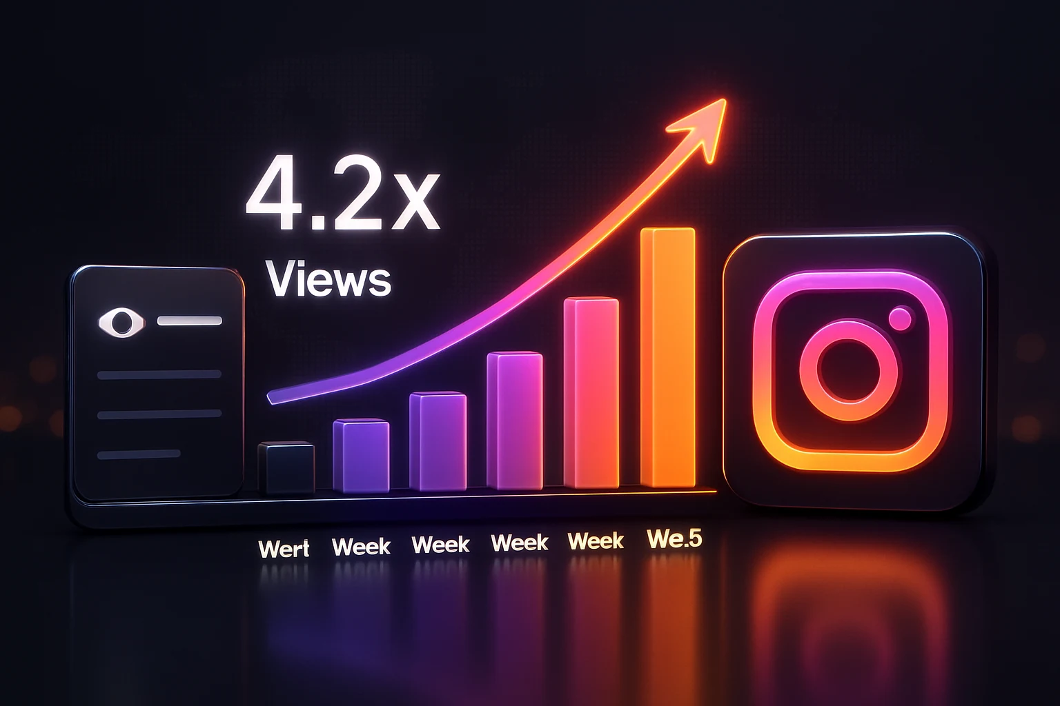Bar chart showing Reel view growth climbing to 4.2x over five weeks