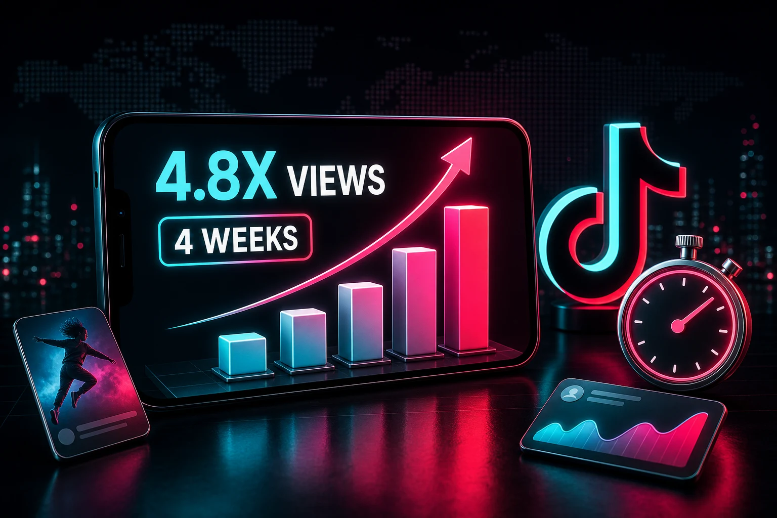Bar chart on phone screen showing TikTok views growing 4.8 times over four weeks