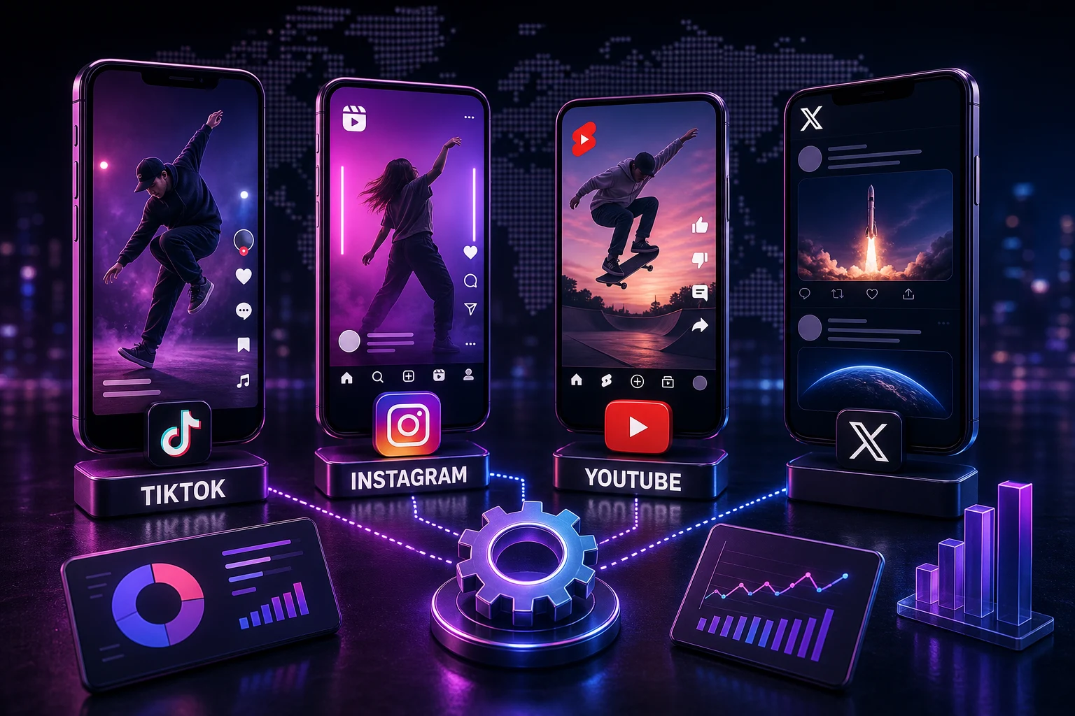 Four phone screens showing different social platforms with distinct interface layouts linked to a central gear symbolizing different algorithm mechanics