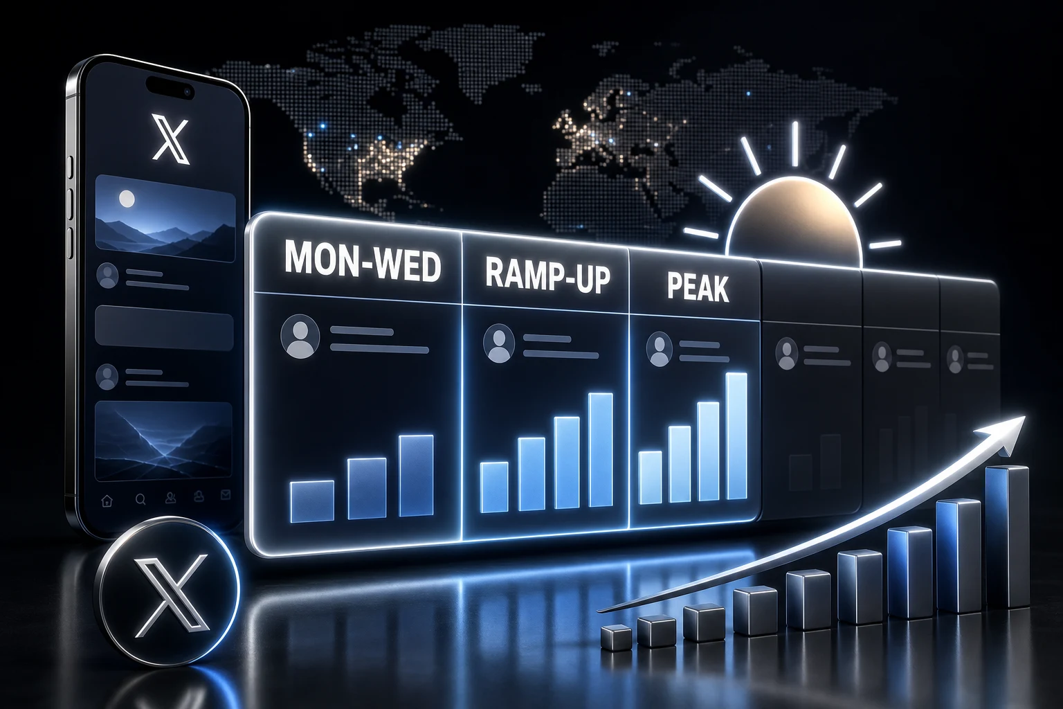 Calendar graphic showing engagement ramping up from Monday through Wednesday on X