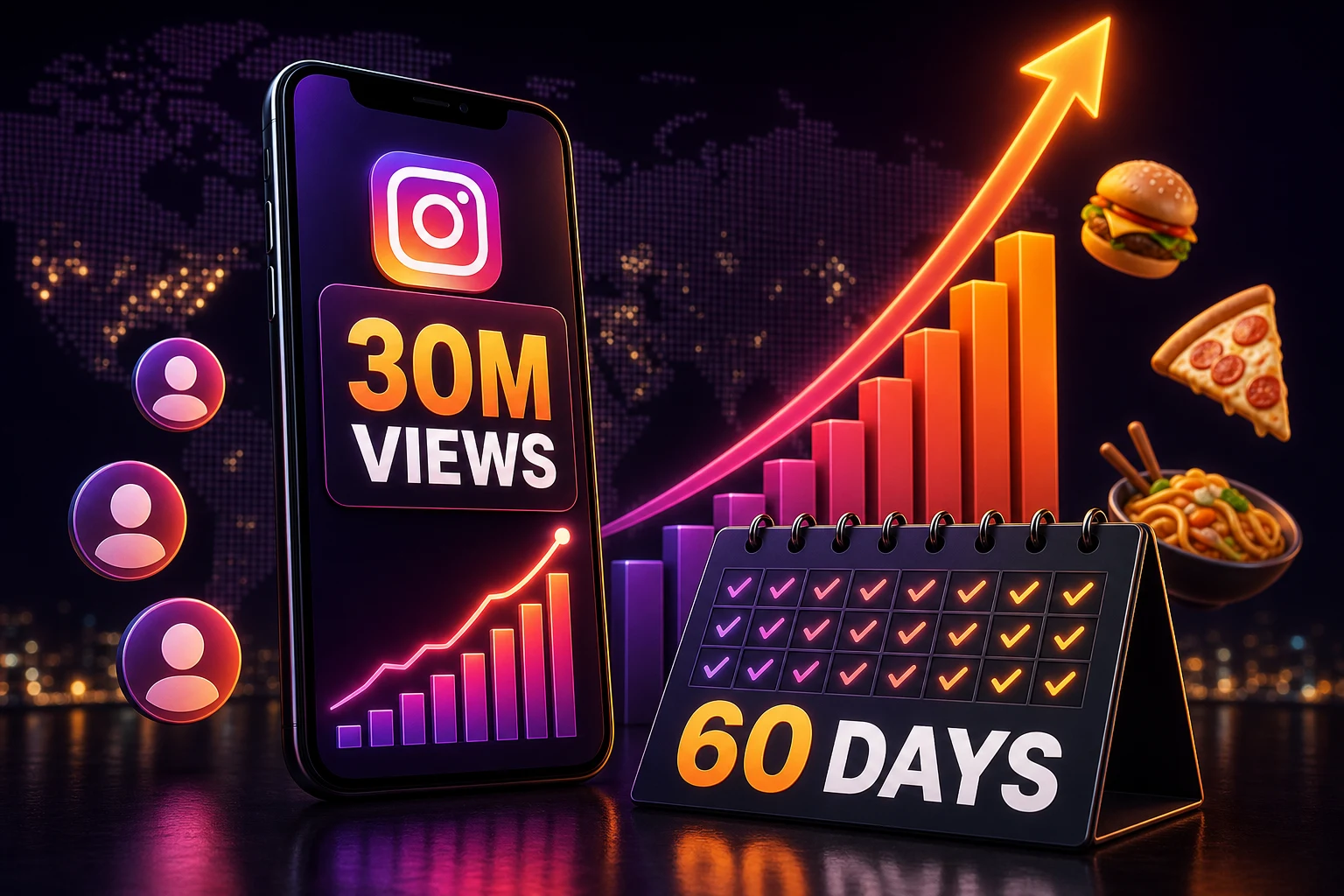 Growth chart and follower counter illustrating a 30 million view Instagram case study in 60 days
