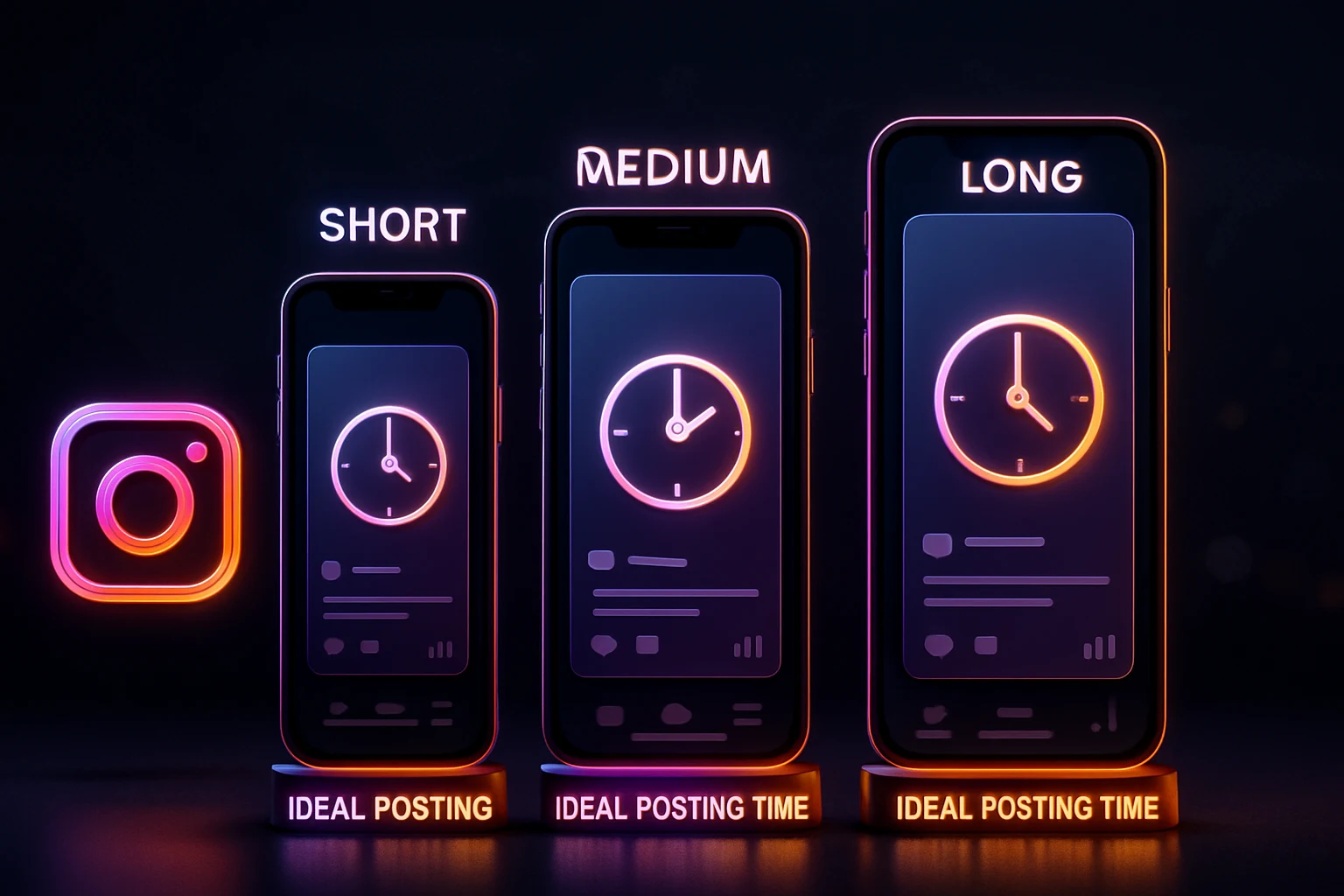 Three phones displaying Reels of different lengths each paired with a clock icon