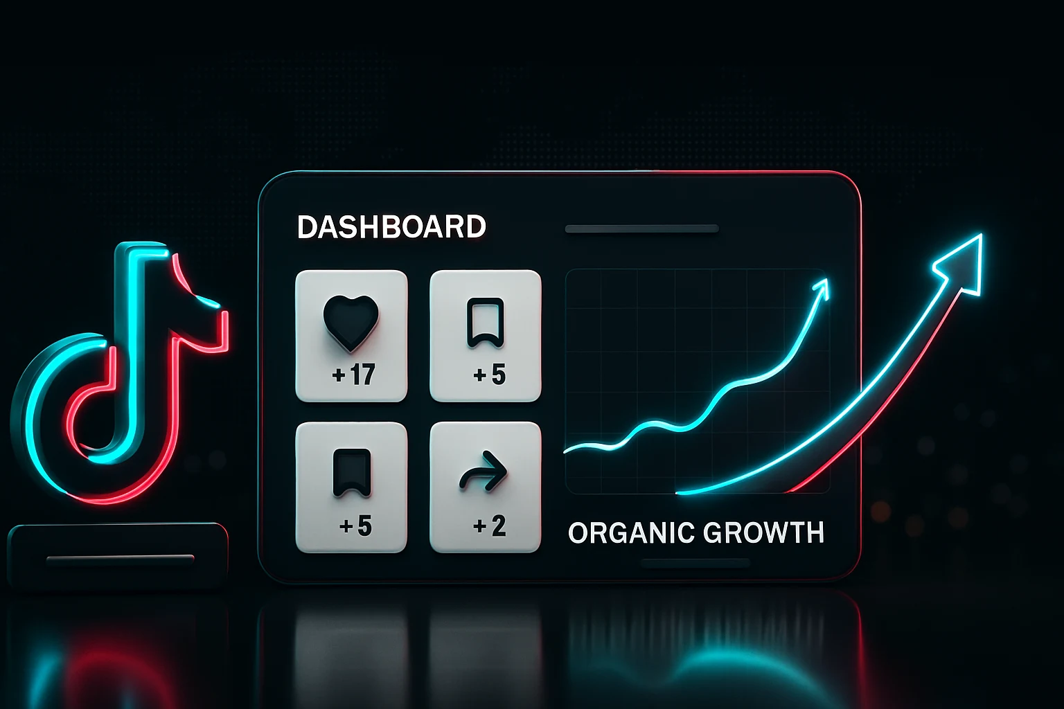 Dashboard showing a small batch of seeded engagement icons beside a rising organic growth curve