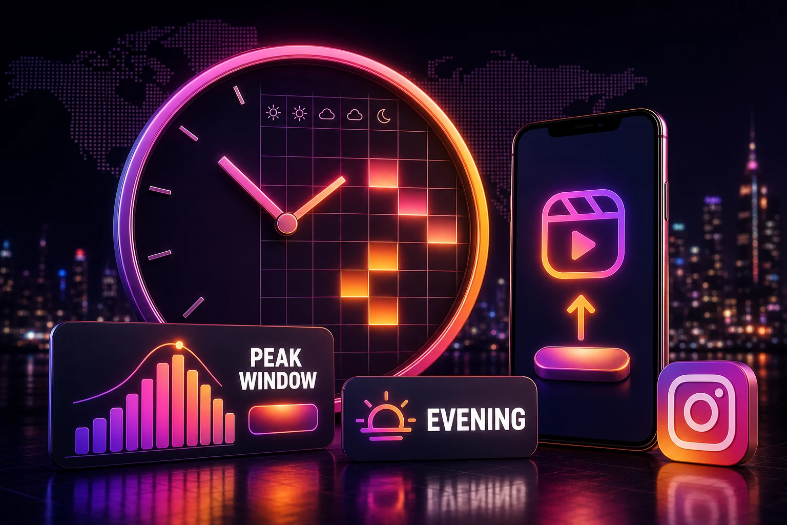 Clock and calendar graphic showing peak posting times for Instagram Reels