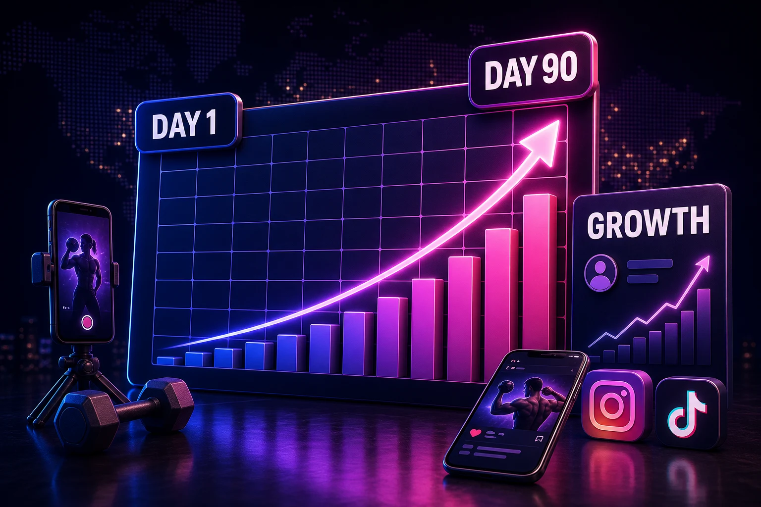A 90-day calendar with a rising growth arrow and bar chart showing a fitness creator's cross-platform viral progress