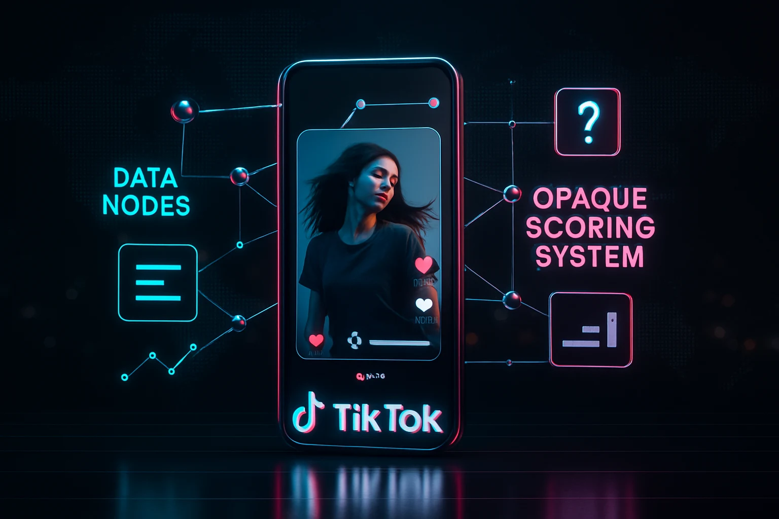 TikTok video surrounded by floating data points and question marks symbolizing uncertain algorithm scoring